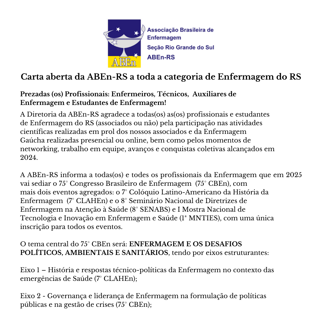 Carta aberta da ABEn-RS a toda a categoria de Enfermagem do RS - 2024